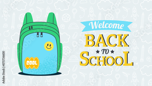 Back to School Concept banner template. Cool Backpack on drawing Pencil Doodle background