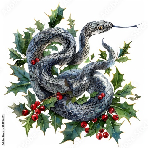 Snake and Holly on a white background. Design for wrapping paper, Happy New Year 2025.