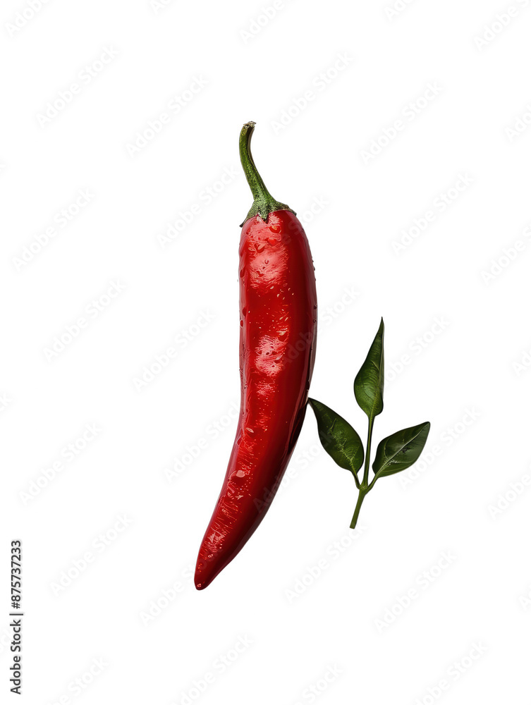High-quality image of a vibrant red chili pepper with green leaves against, png, no background. Perfect for culinary and food-related projects. High-quality image of a vibrant red chili pepper with green leaves against, png, no background. Perfect for culinary and food-related projects.