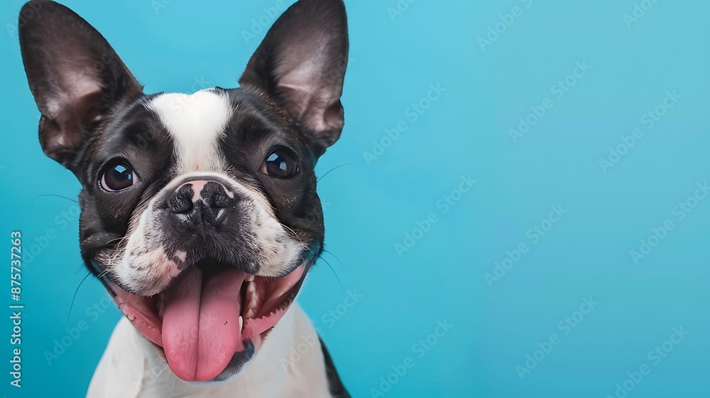 A happy and joyful boston terrier dog with its tongue hanging out smiles on a blue background A happy and joyful boston terrier dog with its tongue hanging out smiles on a blue background