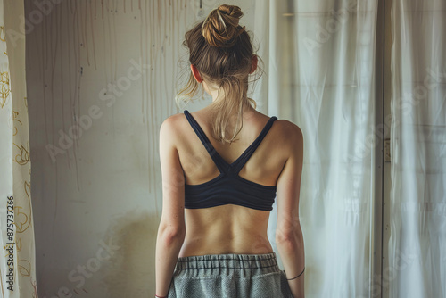 Back view of a young woman suffering from anorexia nervosa, bulimia illness concept