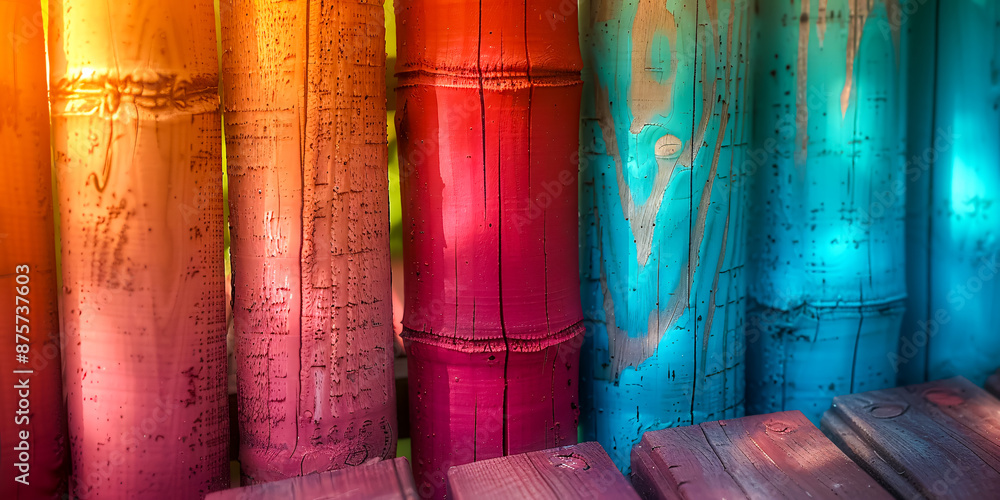 Colorful abstract background with red, blue, and green architectural elements