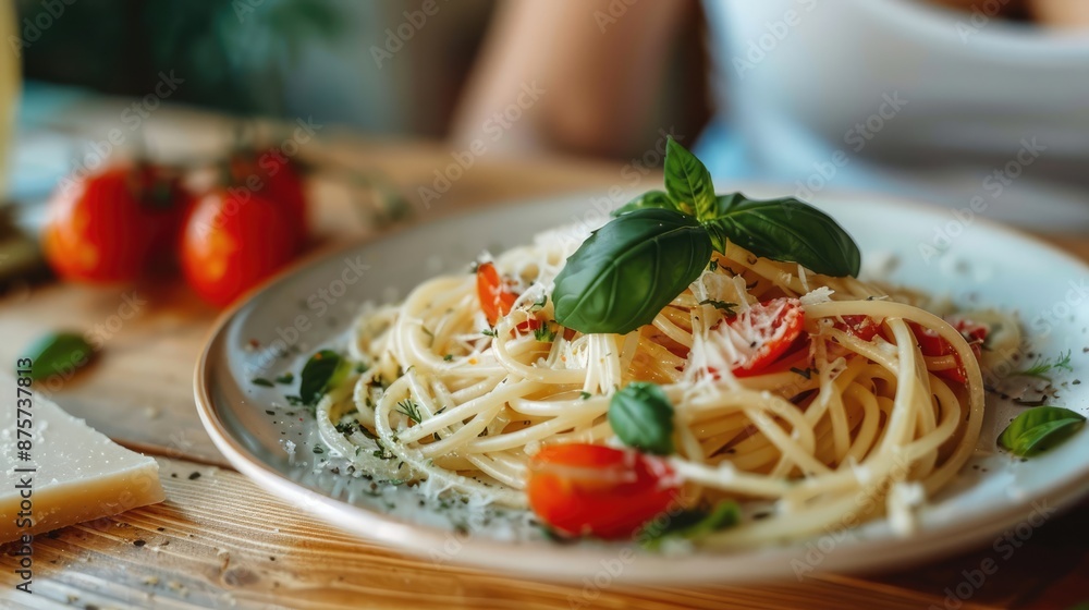 Delicious spaghetti with tomato sauce and fresh basil on a white plate. Sprinkled with grated cheese. A delicious and satisfying dish on the table. Delicious spaghetti with tomato sauce and fresh basil on a white plate. Sprinkled with grated cheese. A delicious and satisfying dish on the table.