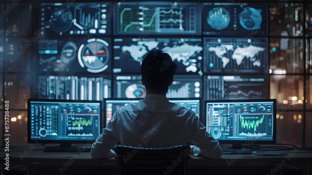 Fototapeta premium A business professional sits in front of multiple screens displaying data and graphs, with their focus on the background as they gaze at an array of digital images.
