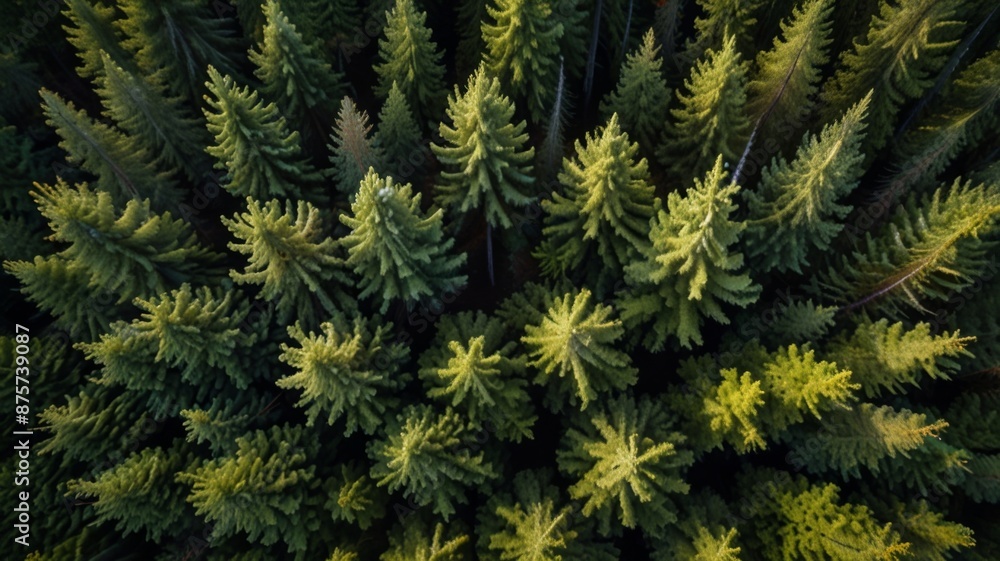 Bird's-eye view of Nordic evergreen forest captured. top view Bird's-eye view of Nordic evergreen forest captured. top view