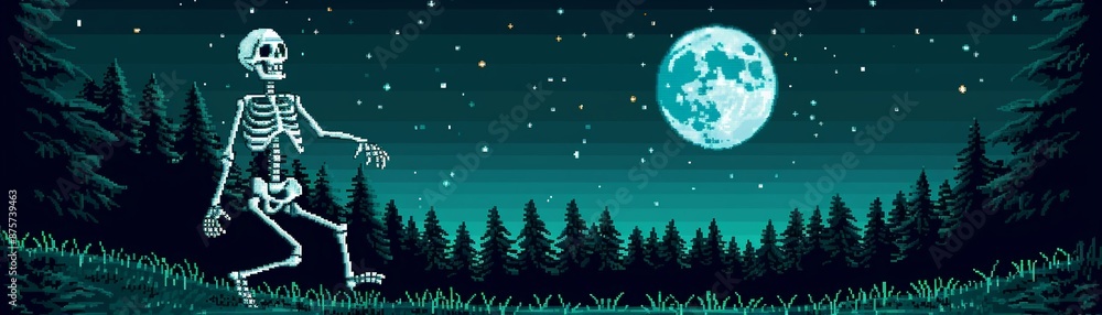 Fototapeta premium Skeleton dancing in a moonlit forest, pixel art, dark green and white, 8bit, creepy and whimsical