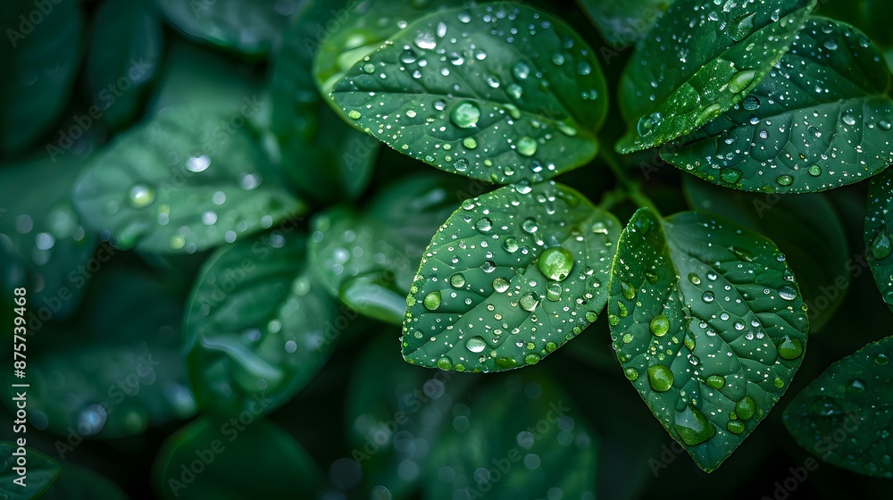 A detailed view of dewdrops on the vibrant green leaves of a garden plant, emphasizing their texture and the natural freshness of a morning setting. A detailed view of dewdrops on the vibrant green leaves of a garden plant, emphasizing their texture and the natural freshness of a morning setting.
