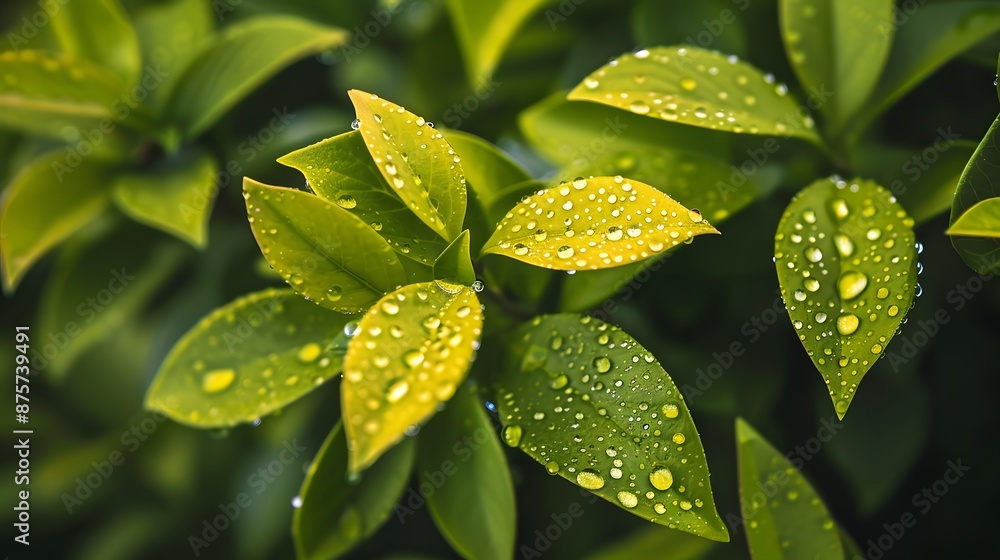 A detailed view of dewdrops on the vibrant green leaves of a garden plant, emphasizing their texture and the natural freshness of a morning setting. A detailed view of dewdrops on the vibrant green leaves of a garden plant, emphasizing their texture and the natural freshness of a morning setting.
