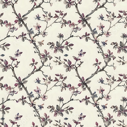Botanical Illustration Style Pattern with Purple Flowers