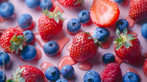 Scrumptious and colorful fresh strawberries and blueberries with raspberry on pink background photo