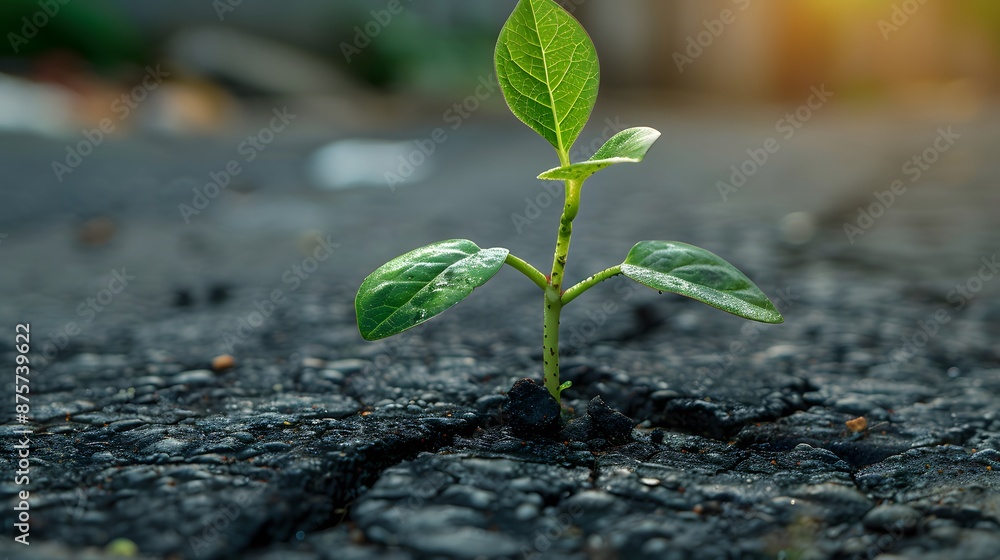 A green sprout growing through the asphalt of an empty street, symbolizing hope and growth amidst chaos. embodying resilience against adversity. A green sprout growing through the asphalt of an empty street, symbolizing hope and growth amidst chaos. embodying resilience against adversity.