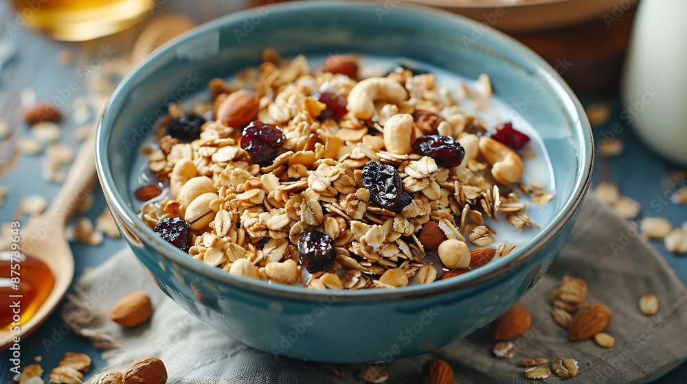 bowl of granola cereal made of oats nuts dried fruit and honey with milk bowl of granola cereal made of oats nuts dried fruit and honey with milk