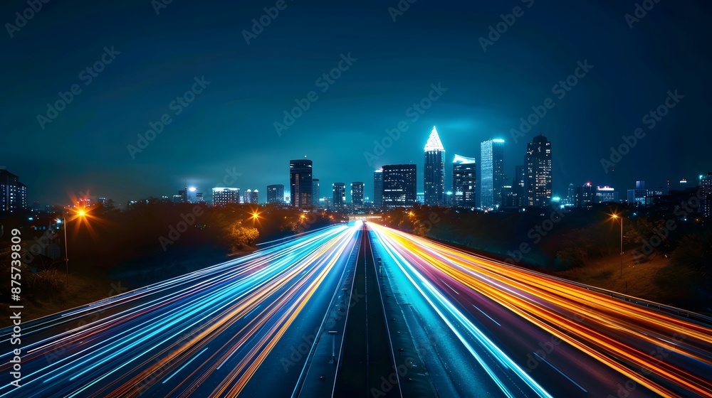 Fototapeta premium A long exposure photograph of city lights on the highway, creating streaks and patterns in blue, orange, green, and yellow colors against an urban skyline at night.