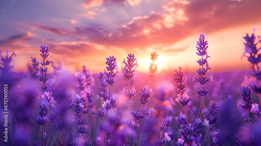 Naklejka premium A meadow of bright purple lavender, their slender stems swaying gently in the wind under a sunset sky painted with pastel hues. The focus is on the delicate blooms of the flowers.