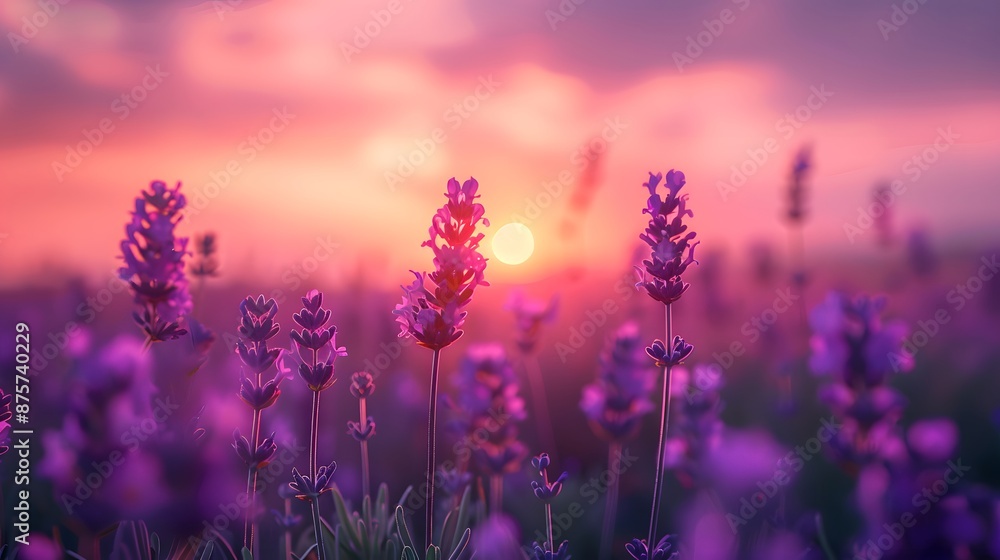 A meadow of bright purple lavender, their slender stems swaying gently in the wind under a sunset sky painted with pastel hues. The focus is on the delicate blooms of the flowers. A meadow of bright purple lavender, their slender stems swaying gently in the wind under a sunset sky painted with pastel hues. The focus is on the delicate blooms of the flowers.