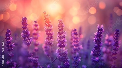 A meadow of bright purple lavender, their slender stems swaying gently in the wind under a sunset sky painted with pastel hues. The focus is on the delicate blooms of the flowers.