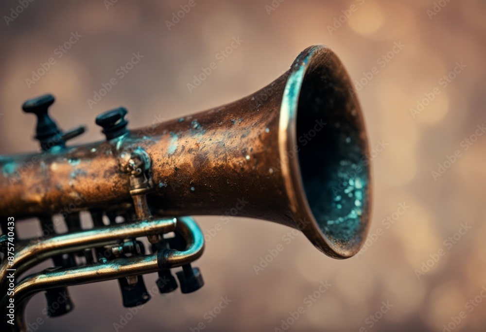 Naklejka premium old mouthpiece instrument magnification shown covered trumpet patina musical art background band brass breathing brown bugle classic classical closeup control cornet detail device equipment gold