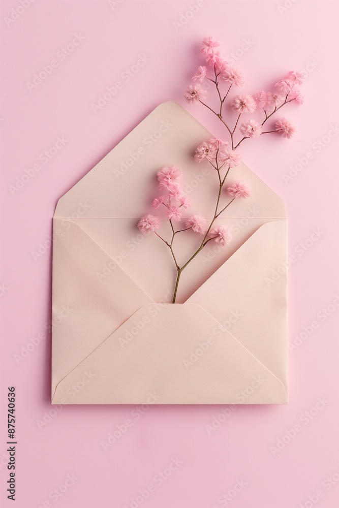 Open pastel pink envelope with floral sprig. Message on a pale background with copy space. Floral mail postal letter communication. Open pastel pink envelope with floral sprig. Message on a pale background with copy space. Floral mail postal letter communication.
