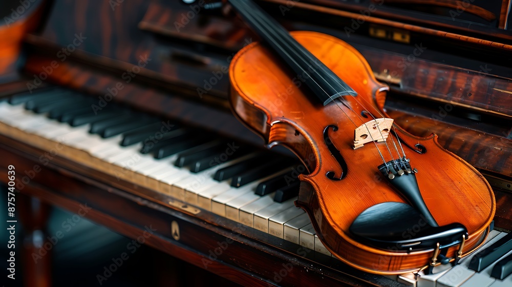 Classical music concept violin leaning on a piano Classical music concept violin leaning on a piano