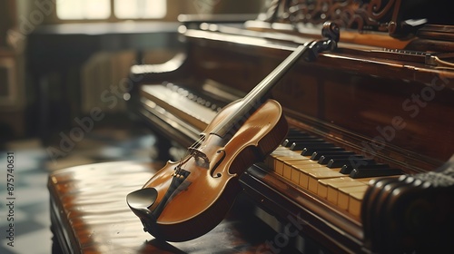 Classical music concept violin leaning on a piano