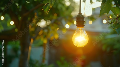 Close up of a light bulb hanging on a pole outside on a garden photo