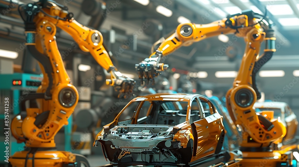 Close up View of robot arms assembling cars in car factory