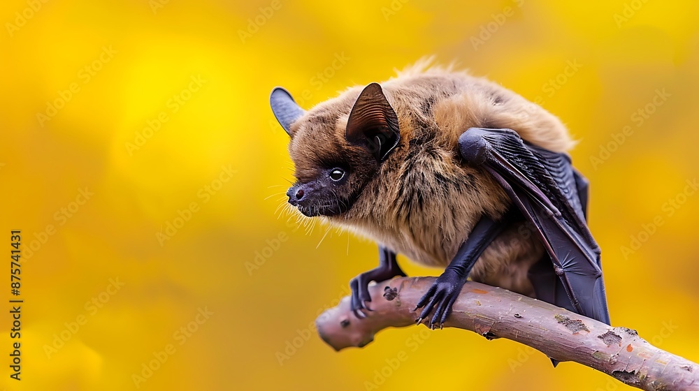 Obraz premium closeup of small brown bat sitting on branch over yellow