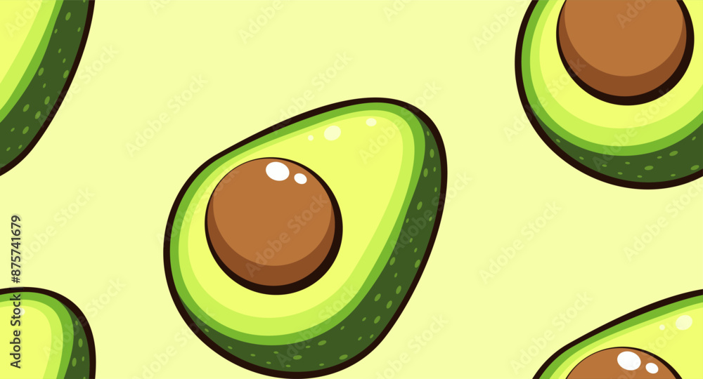 The concept of healthy eating, keto diet. Avocado in cartoon style seamless pattern. Flat vector illustration for print fabric design. The concept of healthy eating, keto diet. Avocado in cartoon style seamless pattern. Flat vector illustration for print fabric design.