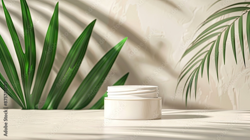 Face and body skin care products on a beige background and palm leaves. Cosmetics for skin care. Organic cosmetics with natural ingredients. A place for text, a layout for advertising. Face and body skin care products on a beige background and palm leaves. Cosmetics for skin care. Organic cosmetics with natural ingredients. A place for text, a layout for advertising.
