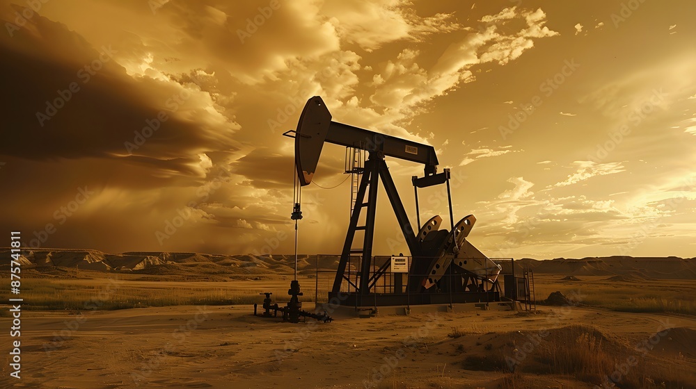 Naklejka premium An oil pump with dark clouds in the background, symbolizing challenges andcouched natural resources, set against a beautiful landscape.