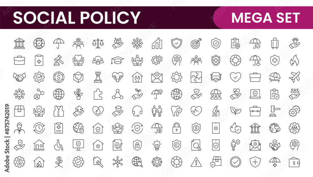 Set of Social Policy and Insuranceline icons. Outline icon collection related to education, insurance, law, goverment and more. Set of Social Policy and Insuranceline icons. Outline icon collection related to education, insurance, law, goverment and more.