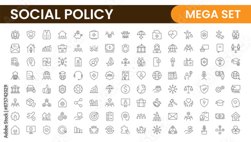 Set of Social Policy and Insuranceline icons. Outline icon collection related to education, insurance, law, goverment and more.