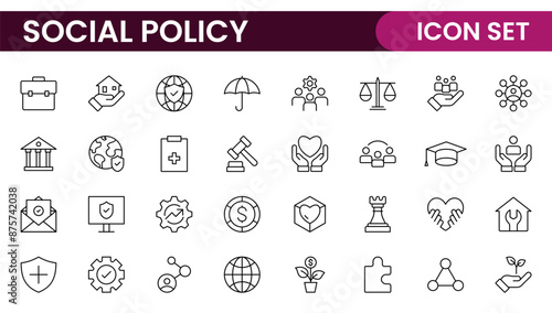 Set of Social Policy and Insuranceline icons. Outline icon collection related to education, insurance, law, goverment and more.