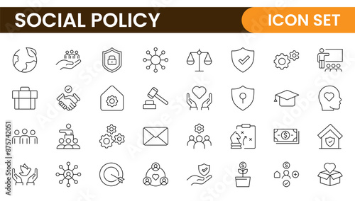 Set of Social Policy and Insuranceline icons. Outline icon collection related to education, insurance, law, goverment and more.