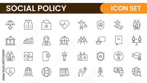 Set of Social Policy and Insuranceline icons. Outline icon collection related to education, insurance, law, goverment and more.