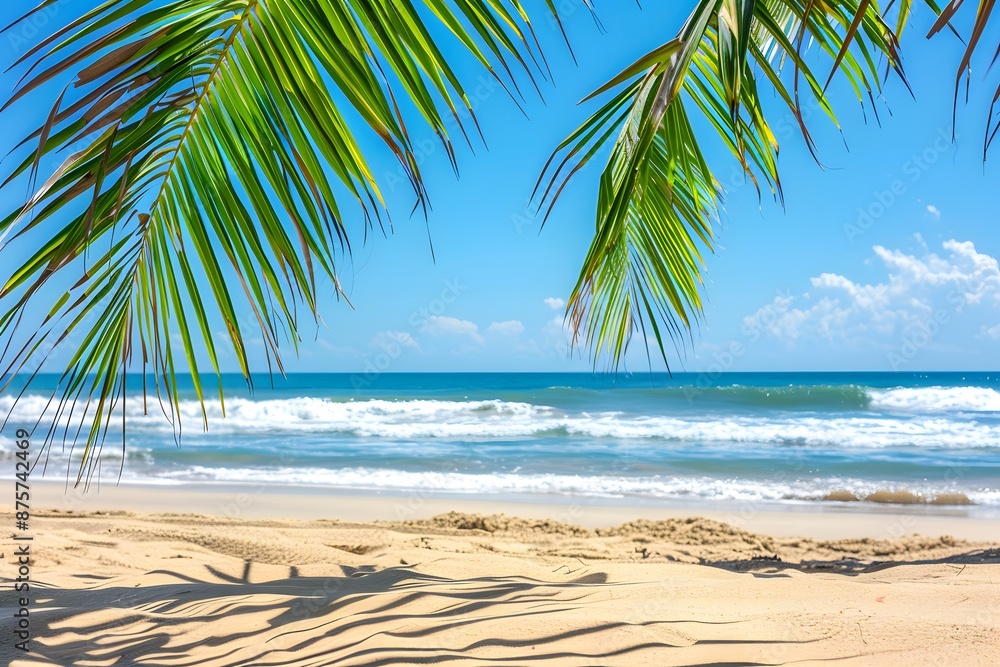 Tranquil tropical beach with palm leaves, sandy shore, and pristine blue ocean under a clear sky Tranquil tropical beach with palm leaves, sandy shore, and pristine blue ocean under a clear sky