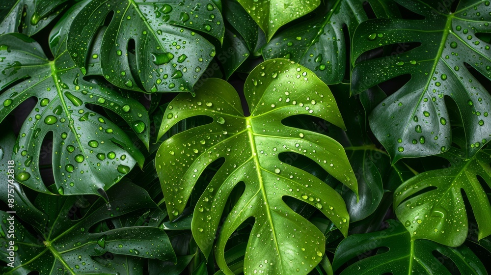 Close-up photograph of lush, green, tropical monstera leaves with water droplets. Close-up photograph of lush, green, tropical monstera leaves with water droplets.