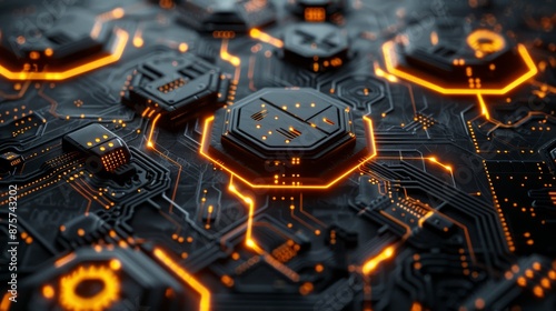 Futuristic Circuit Board with Glowing Hexagonal Elements