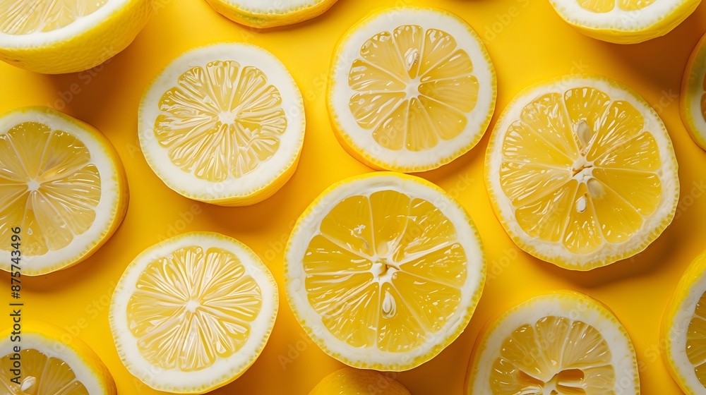Bright and invigorating yellow background with fresh lemon slices neatly arranged, providing a sense of zest and vitality. Bright and invigorating yellow background with fresh lemon slices neatly arranged, providing a sense of zest and vitality.