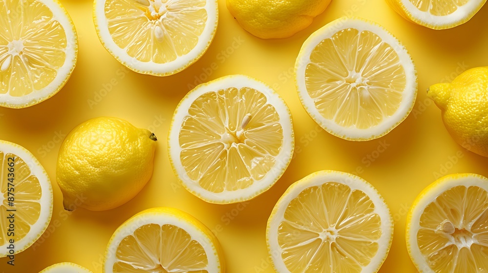 Bright and invigorating yellow background with fresh lemon slices neatly arranged, providing a sense of zest and vitality. Bright and invigorating yellow background with fresh lemon slices neatly arranged, providing a sense of zest and vitality.