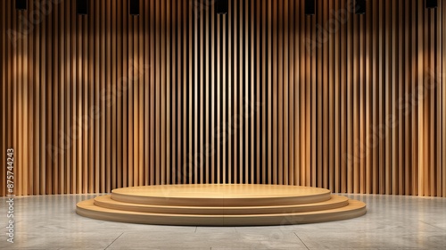 A wooden platform with a wood slat wall backdrop, ideal for product display or presentation.