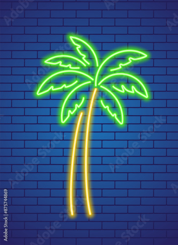 Abstract colorful palm tree, neon glowing illustration. Minimalistic neon glowing line design.