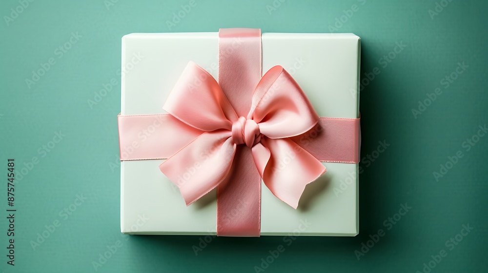 Gift white box with pink satin ribbon isolated on green background Gift white box with pink satin ribbon isolated on green background