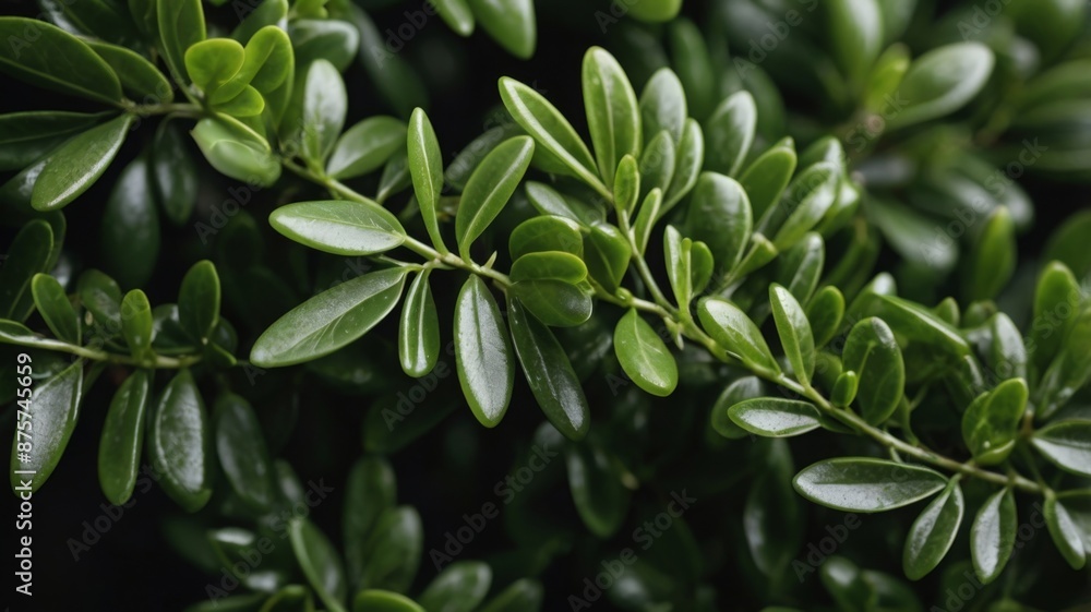 Close-up of fresh green Buxus sempervirens leaves, showing the natural pattern and texture of the evergreen bush Close-up of fresh green Buxus sempervirens leaves, showing the natural pattern and texture of the evergreen bush