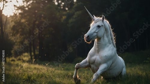 Beautiful white unicorn jumping in garden