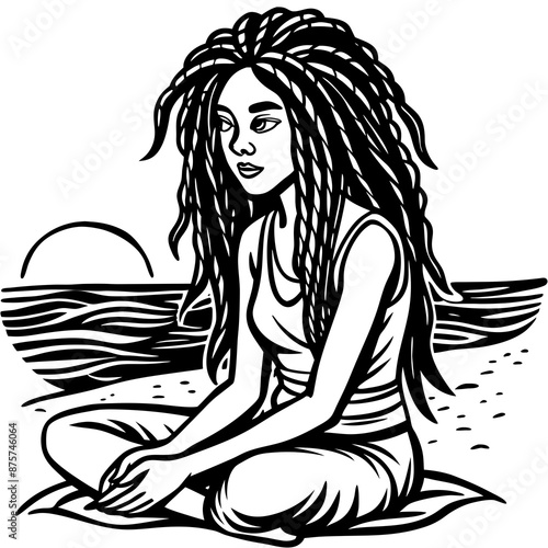 a girl with dreadlocks sitting on mthe beach photo