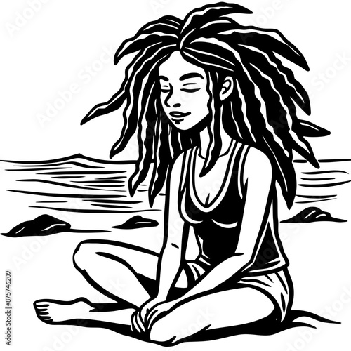 a girl with dreadlocks sitting on mthe beach photo