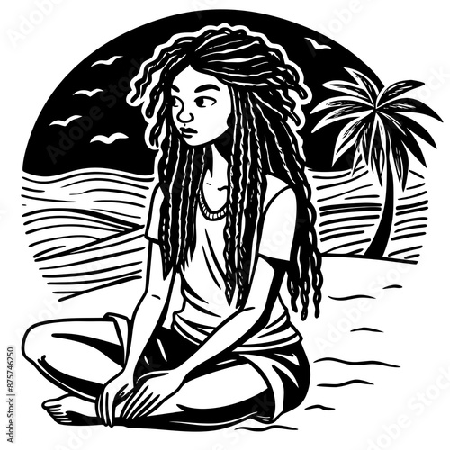 a girl with dreadlocks sitting on mthe beach photo