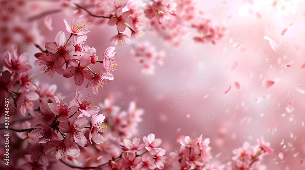 Soft and soothing pink background with cherry blossoms delicately placed, conveying a sense of serenity and gentle beauty. Soft and soothing pink background with cherry blossoms delicately placed, conveying a sense of serenity and gentle beauty.