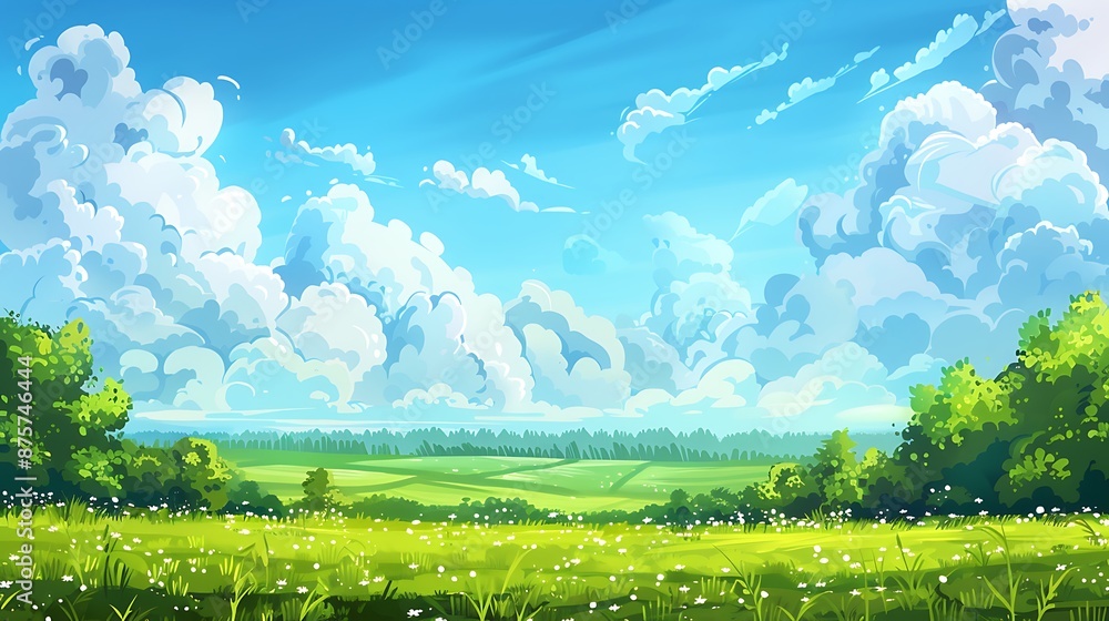 Obraz premium Summer Landscape with Lush Green Fields and Fluffy Clouds